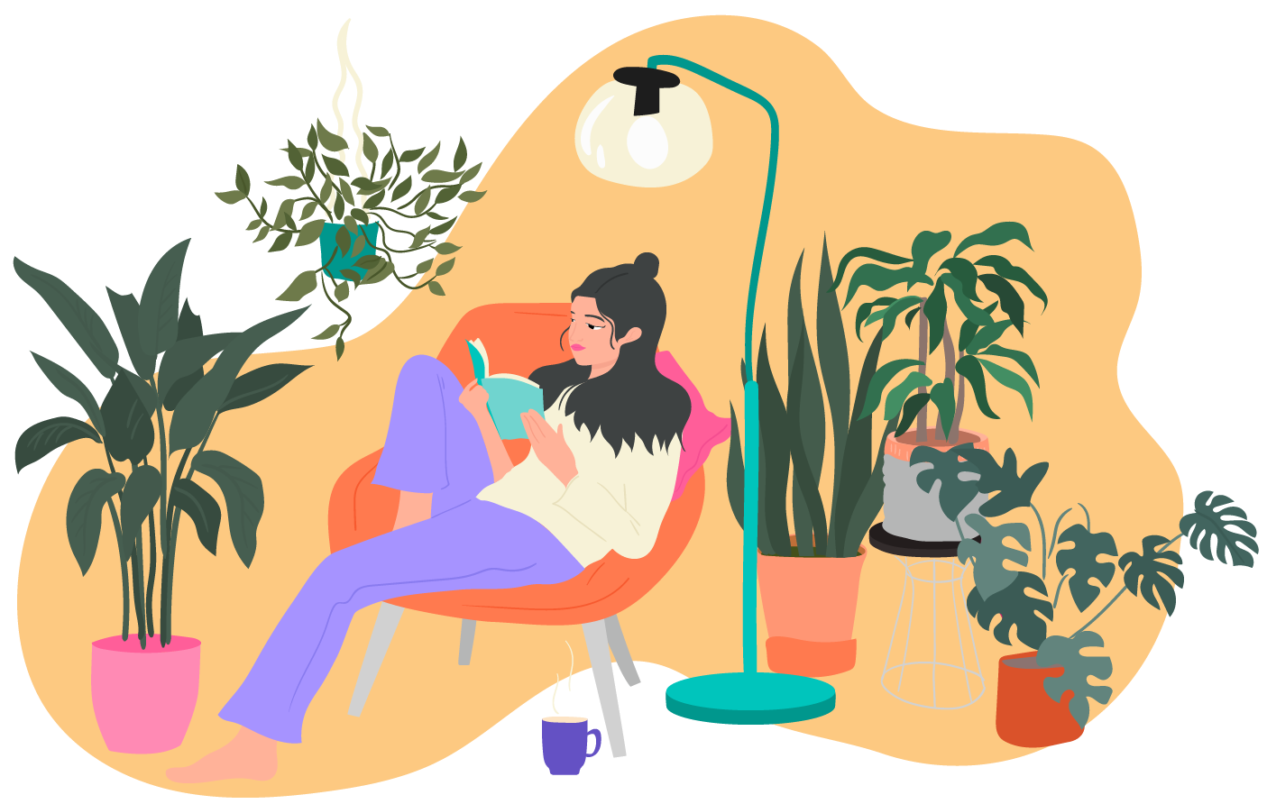 Girl reading with plants illustration